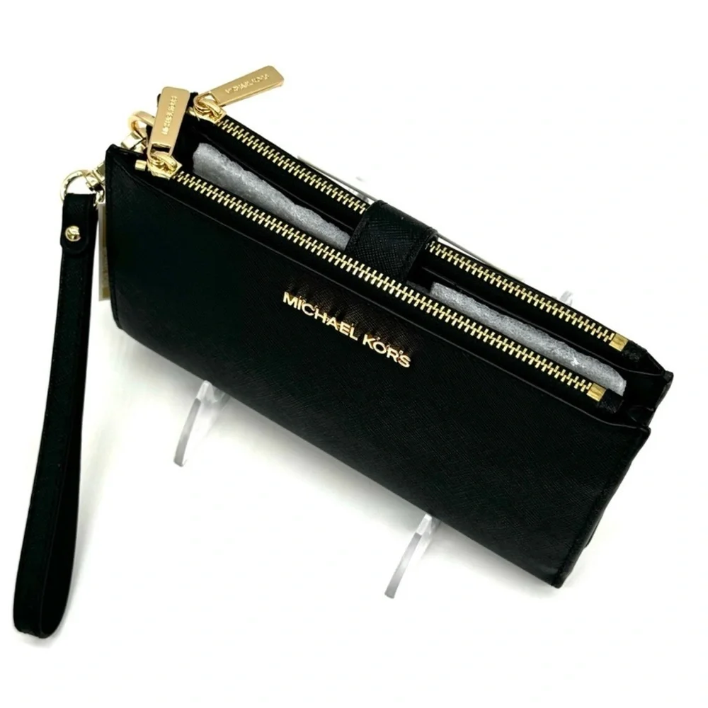 Michael Kors Large Double Zip Wallet Wristlet Black/Gold
